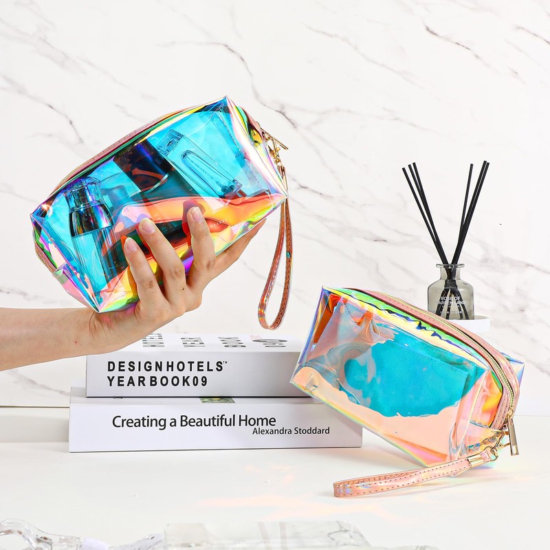 8pcs Holographic Bulk Makeup Bags,Waterproof Clear Iridescent Makeup Bag, Cosmetic