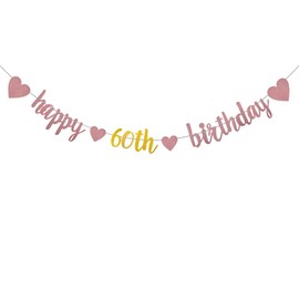 WEIANDBO Happy 60th Birthday RoseGold Shiny Glitter Banner,Pre-Strung,60th Birthday Party Decorations Bunting,Happy 60TH birthday,RoseGold