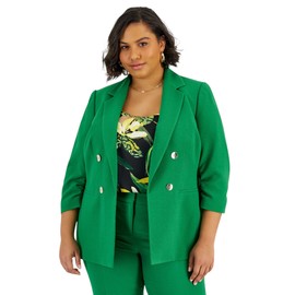 BarIII Women's Plus Size Faux Double-Breasted Ruched-Sleeve Blazer (Green Chili, 3X)