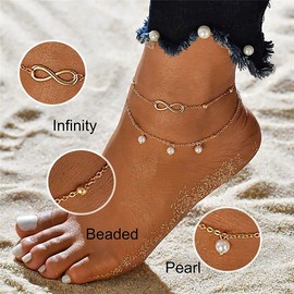 JeanBeau Gold Infinity Beach Anklet bracelet for Women – Boho Waterproof Double Layered Dainty Adjustable Beads Chain Charm Ankle Pearl dangling foot Jewelry Gift