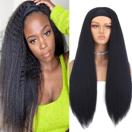 Xtrend 26 Inch Kinky Straight Yaki Headband Wig Long Straight Yaki Synthetic Black Hair Natural Looking Headband Attached Glueless Wigs Easy to Wear for Black Women 1B#