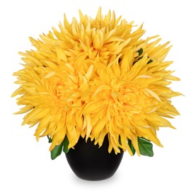 Hollyone Artificial Mums Flowers in Vase Faux Chrysanthemum Silk Flowers Potted Plant Fake Plants & Flowers with Pot Floral Arrangements Bouquets Pincushion Spider Mum Flower Home Decor Yellow