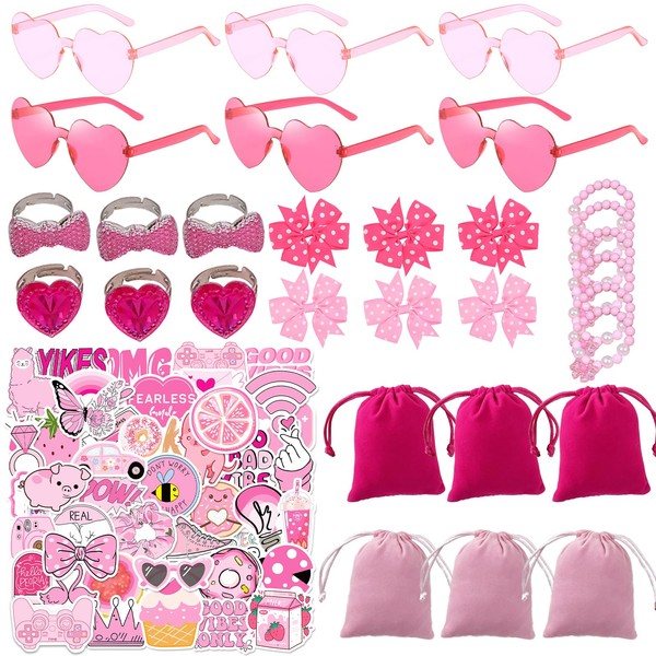80PCS Pink Party Favors, Heart Shaped Glasse, Bracelets, Gemstone Rings,