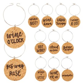 Juvale Wine Glass Charms - 1-Inch Circle Cork Wine Charms for Stem Glasses - Cork Drink Marker Tags for Dinner Party, Birthday Party Favors - 12 Designs