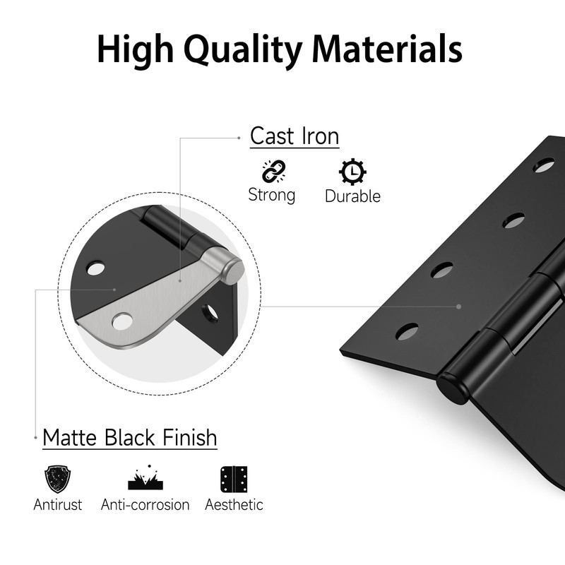 HOSOM 6 Pack Black Exterior Door Hinges 4 Inch, 5/8"
