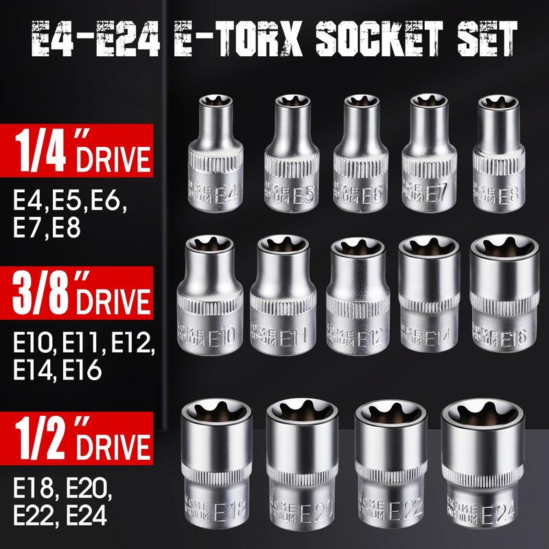 14-Piece E-Torx Socket Set, 3/8”, 1/2”, 1/4” Premium Ultimate Female