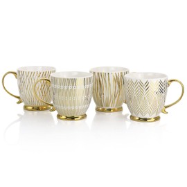 Gold 4 Piece 16.7oz Electroplated Fine Ceramic Mug Set Stripe Formal Round Dishwasher Safe