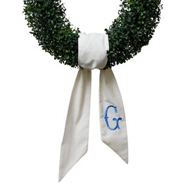 Monogram Wreath Sash for Front Door, White Embroidered Linen Wreath Sash, Porch Accessory for Xmas Party Yard, Wedding, and Boxwood Decoration, Indoor Outdoor Décor - (G)