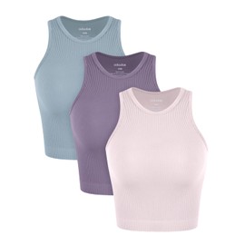 ODODOS 3-Pack Seamless Tank for Women Rib-Knit Soft Sleeveless High Neck Tank Tops, Waist Length, Pink Lace+Violet+Iceberg, X-Small/Small