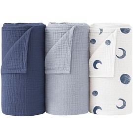 Bearmoss Muslin Swaddle Blankets, 40 x 38 inches Baby Swaddle for Boys and Girls, Soft Baby Blanket, 3 Pack Breathable Nursery Receiving Blankets (Bluemoon)