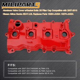 MILIPARTS Aluminum Valve Cover w/Gasket Bolts Oil Filter Cap Compatible with 2007-2013 Nissan Altima Sentra SER 2.5L Replaces Parts 13264JA00A 13270JA00A