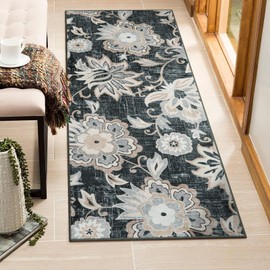 Beeiva Floral Laundry Room Rug, 2x5 Black Ultra Thin Kitchen Rugs and Mats Non Skid Washable, Vintage Front Door Rug Small Bedside Rug Machine Washable Runner Rug for Entryway Bedroom Kitchen