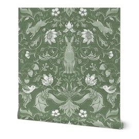 Peel & Stick Wallpaper 9ft x 2ft - Sage Woodland Damask Rabbits Flowers Birds Victorian Cottage English Monochrome Arts and Crafts Custom Removable Wallpaper by Spoonflower