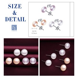 Yumilok Women's Stud Earrings 925 Sterling Silver White Purple Rose Freshwater Cultured Pearls 8 mm Stud Piercing Earrings for Girls, Sterling Silver Cubic Zirconia