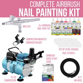 Master Airbrush® Brand Finger Nail Decorating System. 1 Airbrush, Air Compressor, Stencil Set of Over 100 Designs, 6' Hose, Kit of 12 Popular Nail Paint Colors in 2-oz Bottles, Airbrush Cleaner, & (Free) How to Airbrush Training Book to Get You Started.
