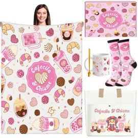 Dansydaisy Cafecito Y Chisme Christmas Gift for Women Concha Mexican Gift Funny Santa Birthday Gift Cute Mexico Pun Blanket Socks Mug Tote Bag Set for Mexican Mom Friend Sister Wife Gift