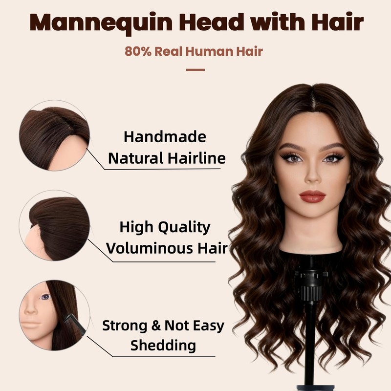 80% Real Hair Mannequin Head for Hair Styling Braiding &