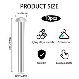 10 PCS Rivets for Spade Handle, Solid Rivet Tool, Round Head Aluminum Rivets, Pop Rivet Tool, Countersunk Fasteners for Shovel Fork Handle Repair Rake Hoe Garden Lawnmower 50x6mm