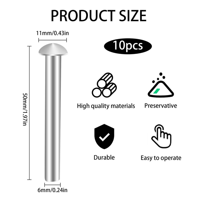 10 PCS Rivets for Spade Handle, Solid Rivet Tool, Round