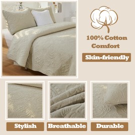 Brandream Beige Quilts Cotton King Size Damask Matelasse Coverlet Set Quilted Comforter Set Lightweight Bedspreads 3-Piece