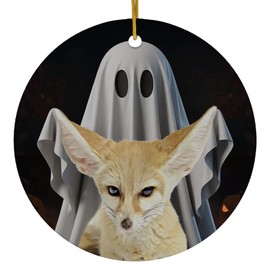 Funny Spooky Pet Boo Large Ears Fennec Fox Christmas Ornament Ceramic Circle 3 Inch - Holiday Tree Decoration - Pet Memorial Keepsake Gifts for Fox Lovers