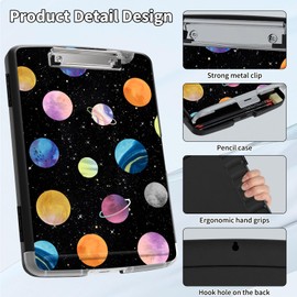 Metal Clipboard with Storage,High Capacity Nursing Clipboards with Pen Holder,Heavy Duty Storage Clipboard Folder Folio,Side-Opening,for School & Office Supplies,with A Pencil,Planet Pattern