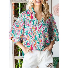 Astylish Women Oversized Button Down Shirts Classy Collar Attractive Pretty Lantern Sleeve Bold V-Neck Tops Spring Trendy Blouse Tunic Red Small