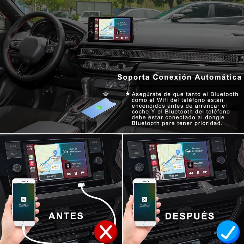 Adaptador Inalámbrico CarPlay con 5.8GHz WiFi, Adaptador Inalámbrico Android Auto,
