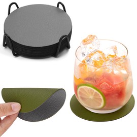 Chitomars Drink Coasters with Holder, Faux Leather Coasters Sets of 12, Dual Sided Coasters for Coffee Tabletop Protection Non-Slip Washable Cup Coasters Suitable for Home Decor (Gray Green, Round)