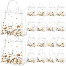 Resholder 24 Pcs Boho Flower Clear Gift Bags Wild Floral PVC Treat Tote with Handle Fall Thanksgiving Goodie Gift Bags for Wedding Birthday Baby Shower Bridal Tea Party Supplies, 8 x 8 x 3.15 Inch