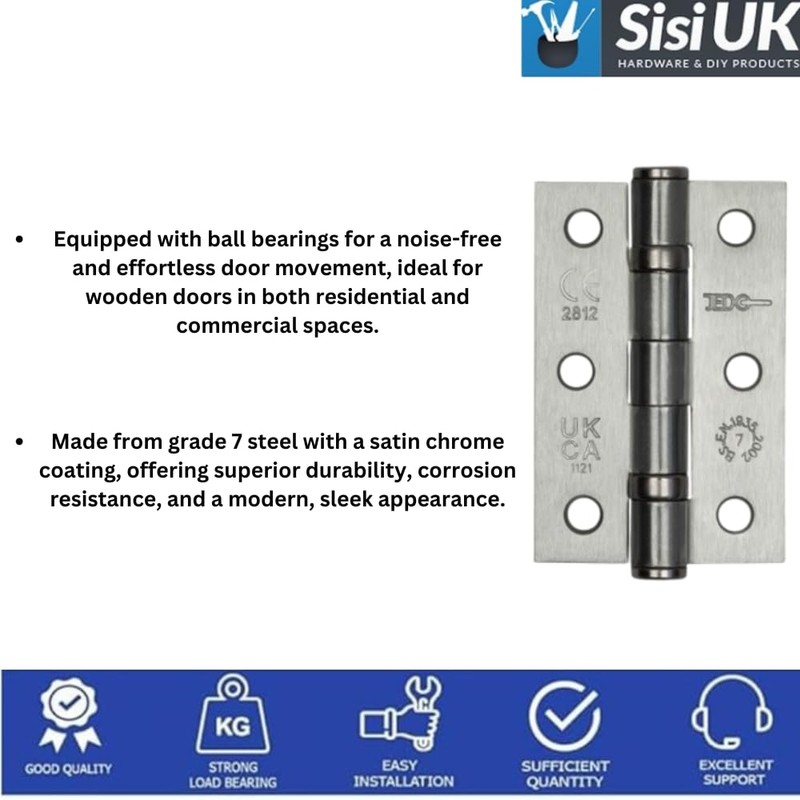 Door Hinges 3 inch Satin Chrome Ball Bearing Butt Hinges