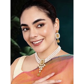 Aheli Crystal Pearl Necklace Earring Traditional Jewellery Set Gift for Women Golden