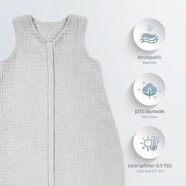 Julius Zöllner Muslin Summer Sleeping Bag, Grey, Size 80, Made of Soft Muslin Cotton, Safe and Tested for Harmful Substances, Ideal for Warm Summer Nights
