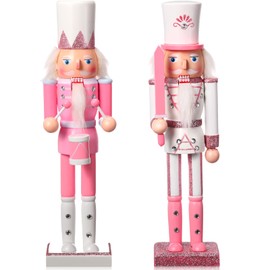 Huwena 2 Pcs Pink Christmas Nutcracker Ornaments Wooden Nutcracker Soldier Figure Decor 12 Inch Holiday Festive Nutcracker Figures for Xmas Party Decoration(Drummer, Pink Sword)