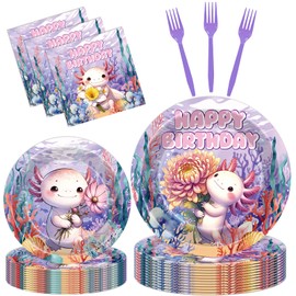 Hokinaa Axolotl Birthday Party Decorations - 96 Pcs Cute Cartoon Axolotl Tableware Set, Purple Reptile Animals Disposable Paper Plates Napkins Forks, Happy Birthday Party Supplies Decor for Girls
