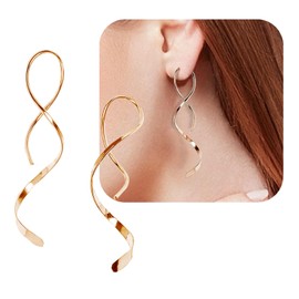 Spiral Threader Earrings, Earrings for Women Drop Dangle Stainless steel Handmade Twisted Curved Pull Through Earrings for Women/Girl on Birthday/Mothers Day (Rose gold)