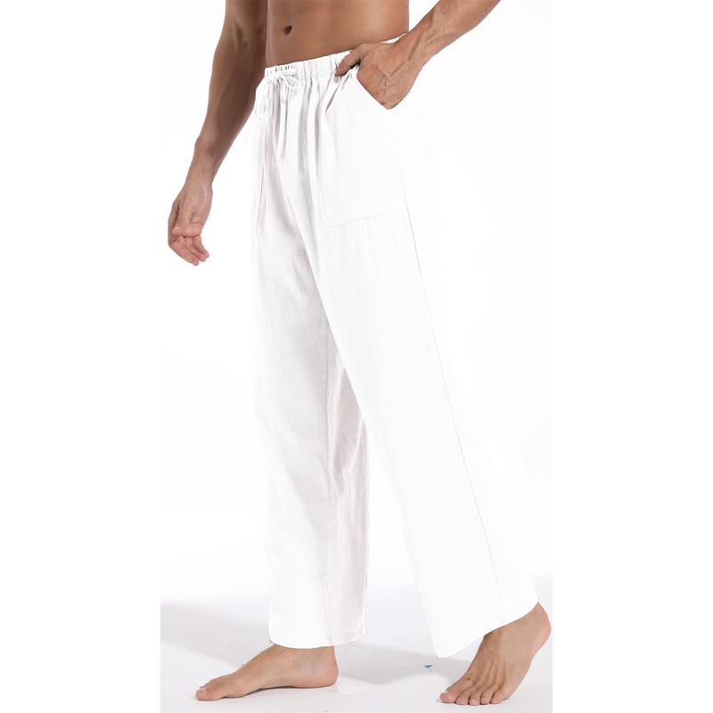 AITFINEISM - Pantalones de algodón y lino para hombre, cintura