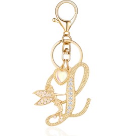 OKAICEN Gold Plated Angle Alphabet Initial Letter Keyring Keychain for Women Girls Crystal Key Chains for Wallet Backpack Bag Charm ('L')