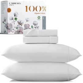Carressa Linen 100% Organic Cotton Sheet Set King Size - 4 Piece Organic Sheets for King Bed, Soft, Crisp, Cooling Sateen Weave, Breathable Hotel Quality 16" Deep Pocket Bedsheet Set (White)
