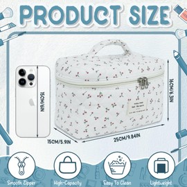 Large Capacity Cotton Makeup & Toiletry Bags for Women Teenage Girls, Floral Portable Travel Cosmetic Organizer, Ideal Storage Pouch for Skincare, Makeup Toiletries Essentials (Red-Cherry, L)