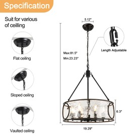 6-Light Farmhouse Glass Chandelier Over Table, Black & Wood Grain Modern Drum Chandelier for Dining Room, 19.5" Industrial Light Fixture for Kitchen Island, Living Room, Entryway, Foyer, Bedroom