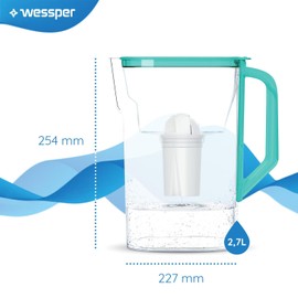 Wessper Water Filter Jug 2.7 L Compatible with Brita Classic for Fridge Door, Water Filter System to Reduce Limescale, Chlorine, Water Filter Jug + Water Filter Aquaclassic, Mint