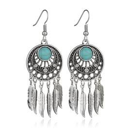 coadipress Boho Turquoise Feather Tassel Earrings for Women Bohemian Drop Earrings Boho Vintage Feather Earrings Round Moon Turquoise Inlay Statement Earrings Jewelry Gifts (Turquoise Feather Tassel)