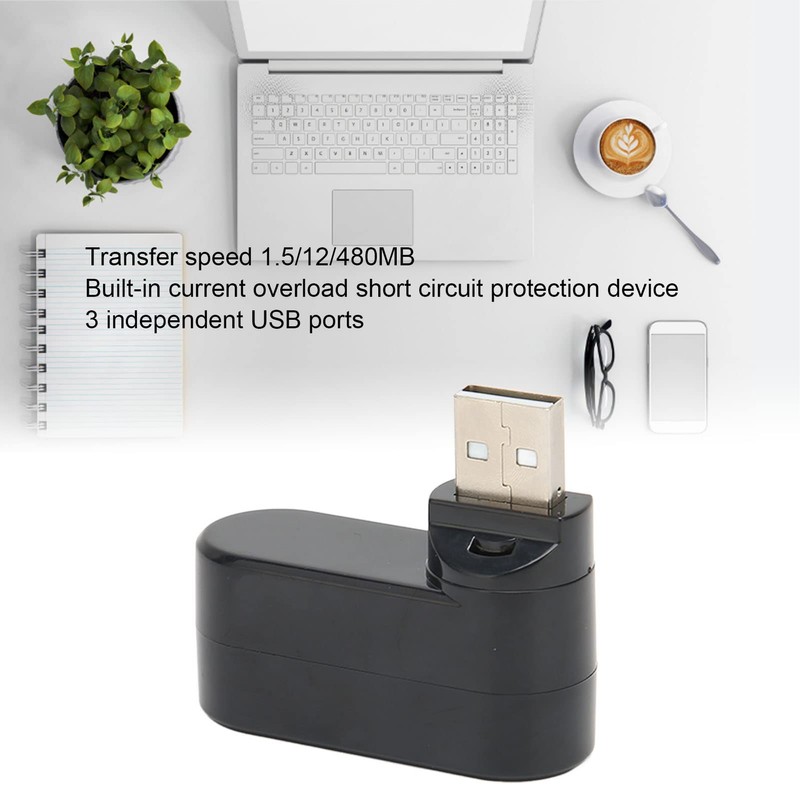 Jectse USB Splitter, 3 Port USB 2.0 Hub 180° Rotatable