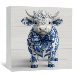 Nitelat Blue and White Chinoiserie Cow Wooden Signs, Grand Millenial Bow Blue Cow Floral Home Decor Signs, Chinoiserie Porcelain Desk Decorations, Farmhouse Animal Office Kitchen Bathroom Decor