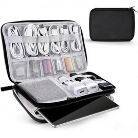 Organizador Electrónico Portátil - Estuche Viajero para Cables con Compartimentos Elásticos: Almacena USB, Tarjetas SD, Cargador, Auriculares y Discos Duros - Estuche Negro de Doble Capa