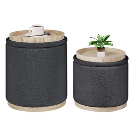 B FSOBEIIALEO Storage Ottoman Round Boucle Ottomans with Tray, Set of 2 Teddy Foot Rest Ottoman Cube with Storage for Living Room, Dark Grey 15"x15"x16.9"