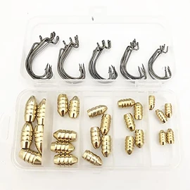 Fishing Sinkers Set, Brass Fishing Weights Kit, Fishing Brass Hollow Sinkers, Fishing Copper Weights For Freshwater Saltwater Fishing Tackle (25Pcs Weights+ Hooks)