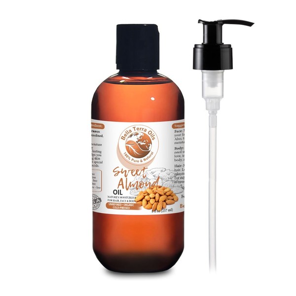 NEW Sweet Almond Oil. 8oz. Cold-pressed. Unrefined. Organic. 100% Pure. Pasteurized. Hexane-free. Fights Wrinkles. Softens Hair. Natural Moisturizer. For Hair, Face, Body, Nails, Beard, Stretch Marks.