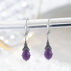 REDSUN Retro Teardrop Drop Earrings 925 Sterling Silver Hanging with Colourful Gemstones Earrings Vintage Drop Earrings Bohemian Ethnic Jewellery Gifts for Her Women, Silver